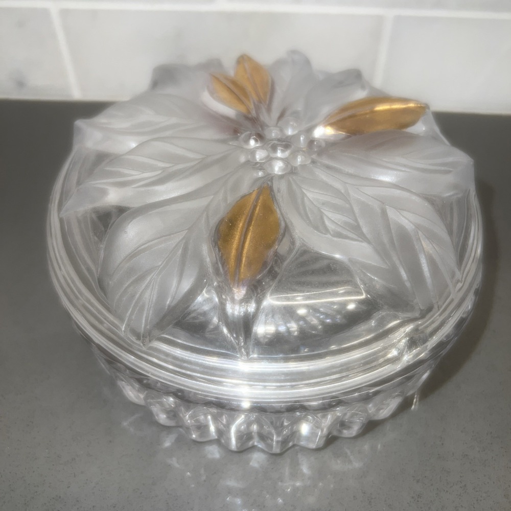 Vintage Gilded Poinsettia Crystal Powder Trinket Box Candy Dish Gold Flaked